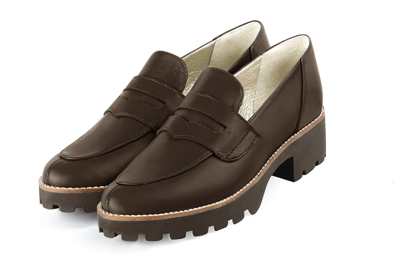 Dark brown women's casual loafers. Round toe. Low rubber soles. Front view - Florence KOOIJMAN